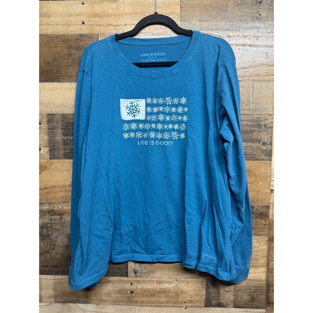 Life is Good Womens XXL Blue‎ Snowflake Flag Crusher Tee Long Sleeve Shirt